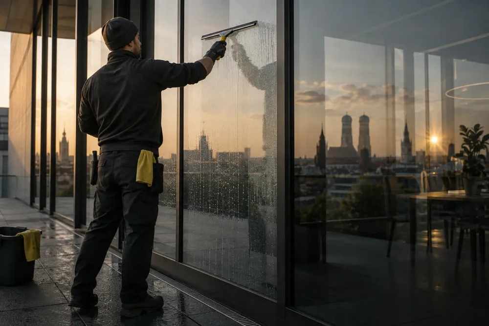 Professionelle Glasreinigung einer modernen Fensterfassade
